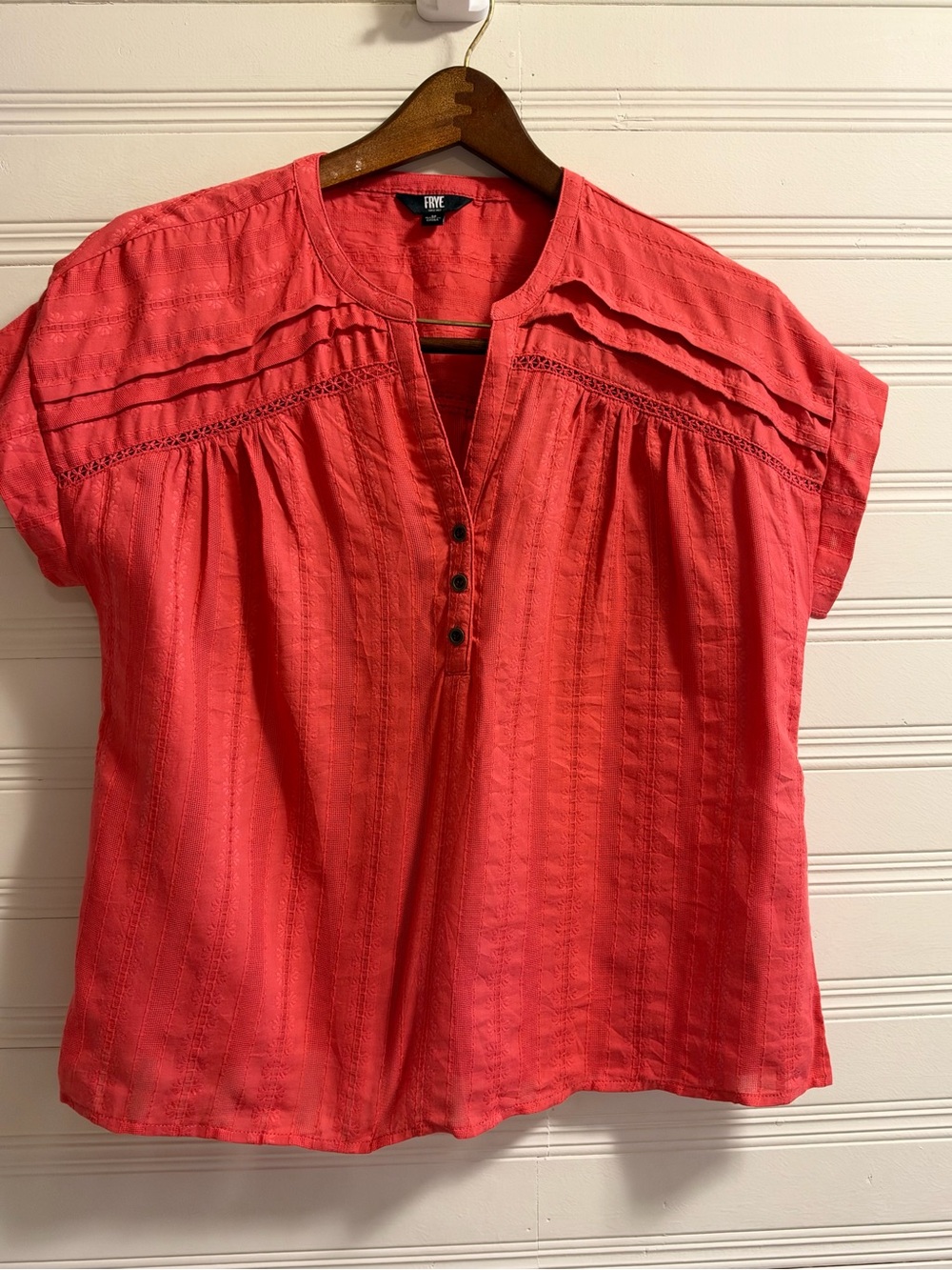 FRYE Coral Pink Boho Peasant Blouse Textured Short Sleeves